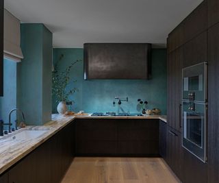 modern kitchen with black cabinets, teal walls, marble countertops and wooden flooring