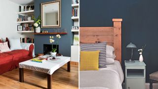 collage image showing a living room and a bedroom with second hand furniture