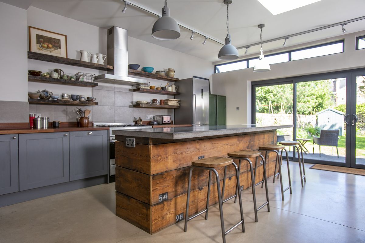 wooden kitchen island in new extension