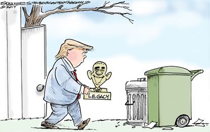 Political Cartoon U.S. President Trump dumps Obama legacy