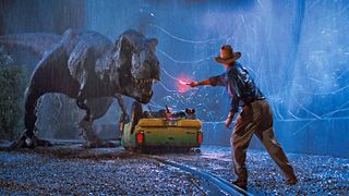 A still from one of the best new Hulu movies: Jurassic Park showing Sam Neill as Dr. Alan Grant coming face to face with a T-Rex