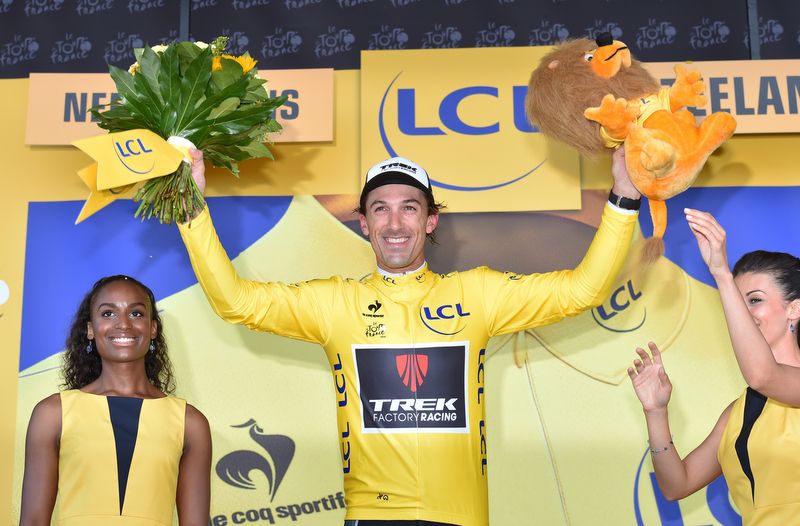 Fabian Cancellara (Trek) celebrates in the yellow jersey