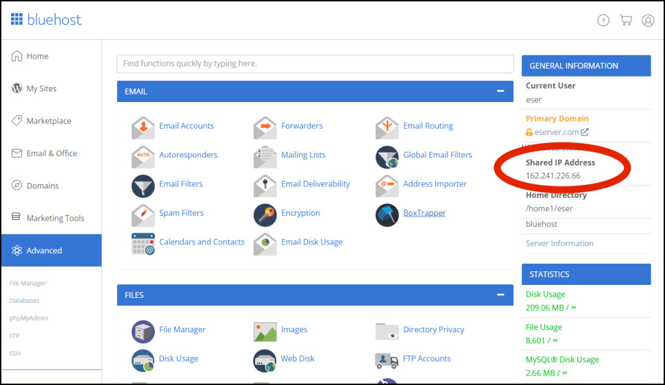 Bluehost IP address