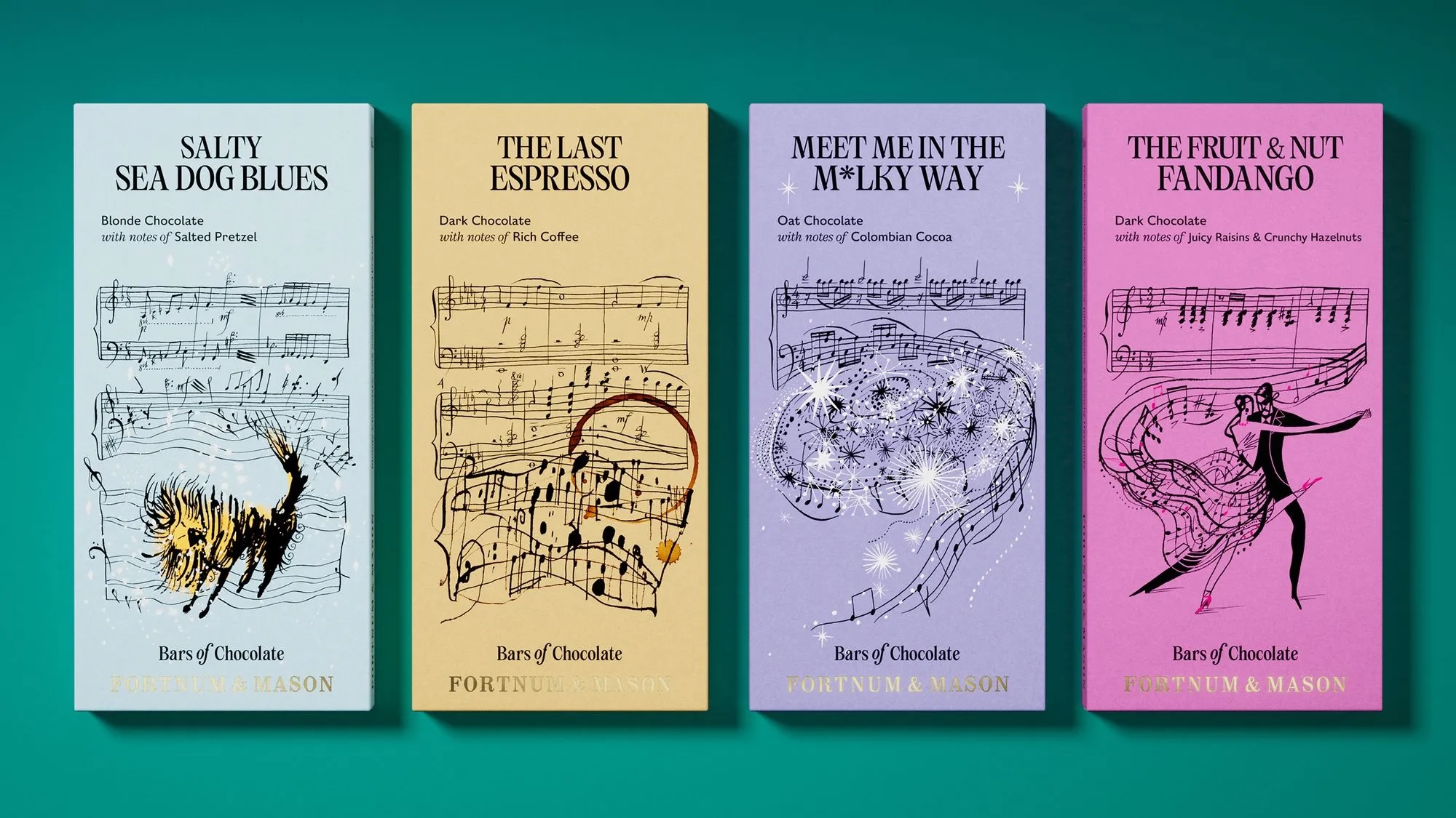 Fortnum &amp;amp; Mason chocolate bars with music notes on the front and illustrations