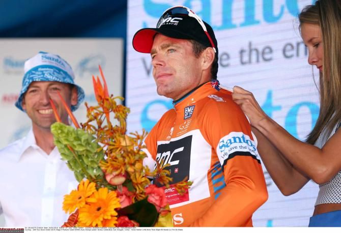 Cadel Evans (BMC) with the ochre jersey on the podium.