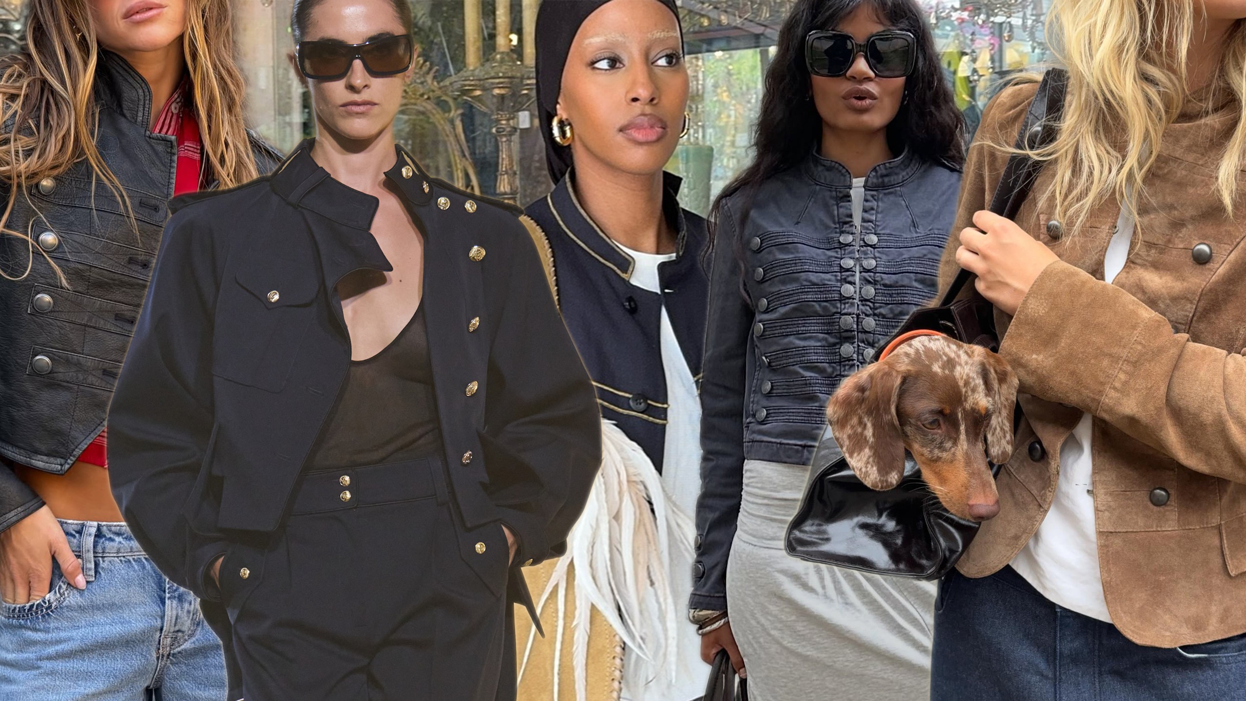 Collage of women wearing military-inspired outerwear.