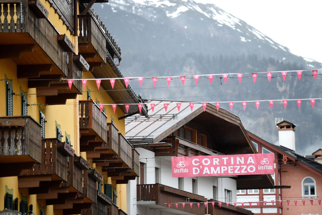 CORTINA D'AMPEZZO, ITALY - MAY 24: Italian decoration at Cortina d'Ampezzo (1210m) Village at arrival during the 104th Giro d'Italia 2021, Stage 16 a 153km stage shortened due to bad weather conditions from Sacile to Cortina d'Ampezzo 1210m / @girodiitalia / #Giro / on May 24, 2021 in Cortina d'Ampezzo, Italy. (Photo by Stuart Franklin/Getty Images)