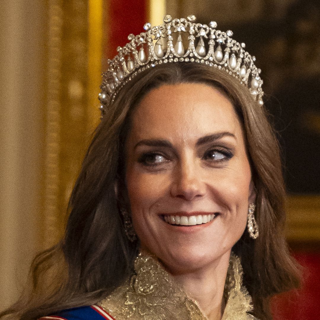 Kate Middleton wearing a tiara and gold gown