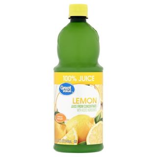 A green plastic bottle of lemon juice with a yellow label and lid.