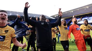 IPSWICH, ENGLAND - JANUARY 27: George Elokobi, Manager of Maidstone United, celebrates victory at full-time following the Emirates FA Cup Fourth Round match between Ipswich Town and Maidstone United at Portman Road on January 27, 2024 in Ipswich, England. (Photo by Stephen Pond/Getty Images)