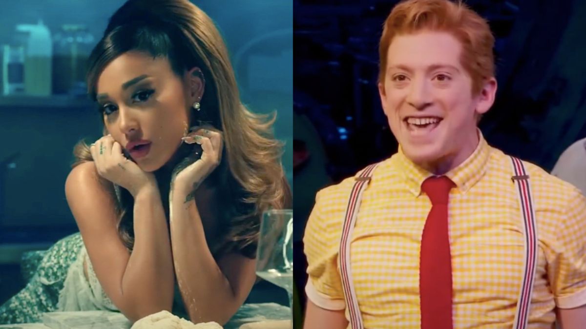 Ariana Grande in the &quot;positions&quot; music video/Ethan Slater in Spongebob Squarepants the Musical on Broadway (side by side)