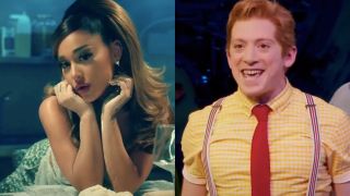 Ariana Grande in the "positions" music video/Ethan Slater in Spongebob Squarepants the Musical on Broadway (side by side)