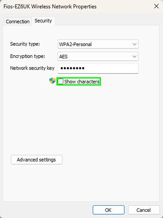 Windows 11 wireless network security panel with "Show characters" highlighted, demonstrating how to see your Wi-Fi password in Windows 11