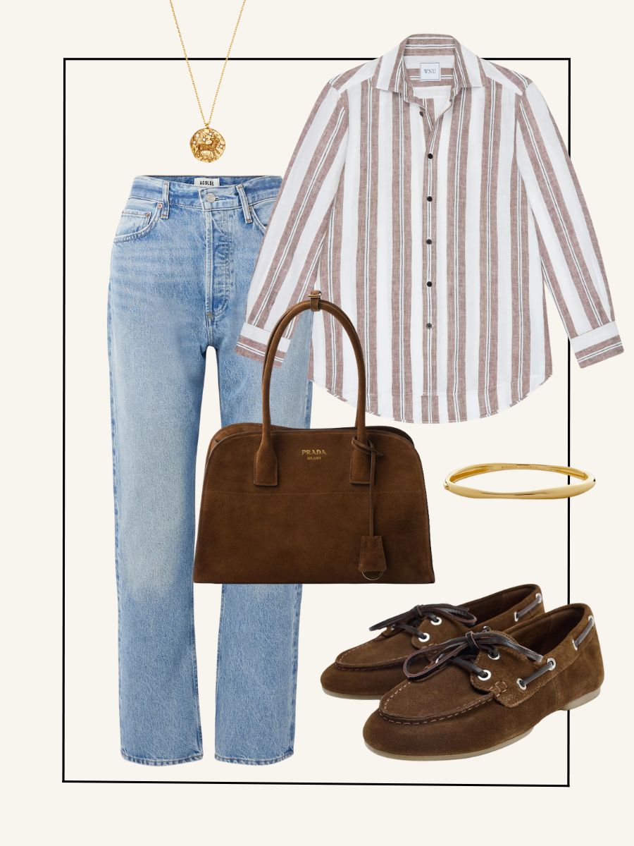 Gold necklace, blue jeans, striped shirt, brown tote bag, gold bracelet, brown slippers