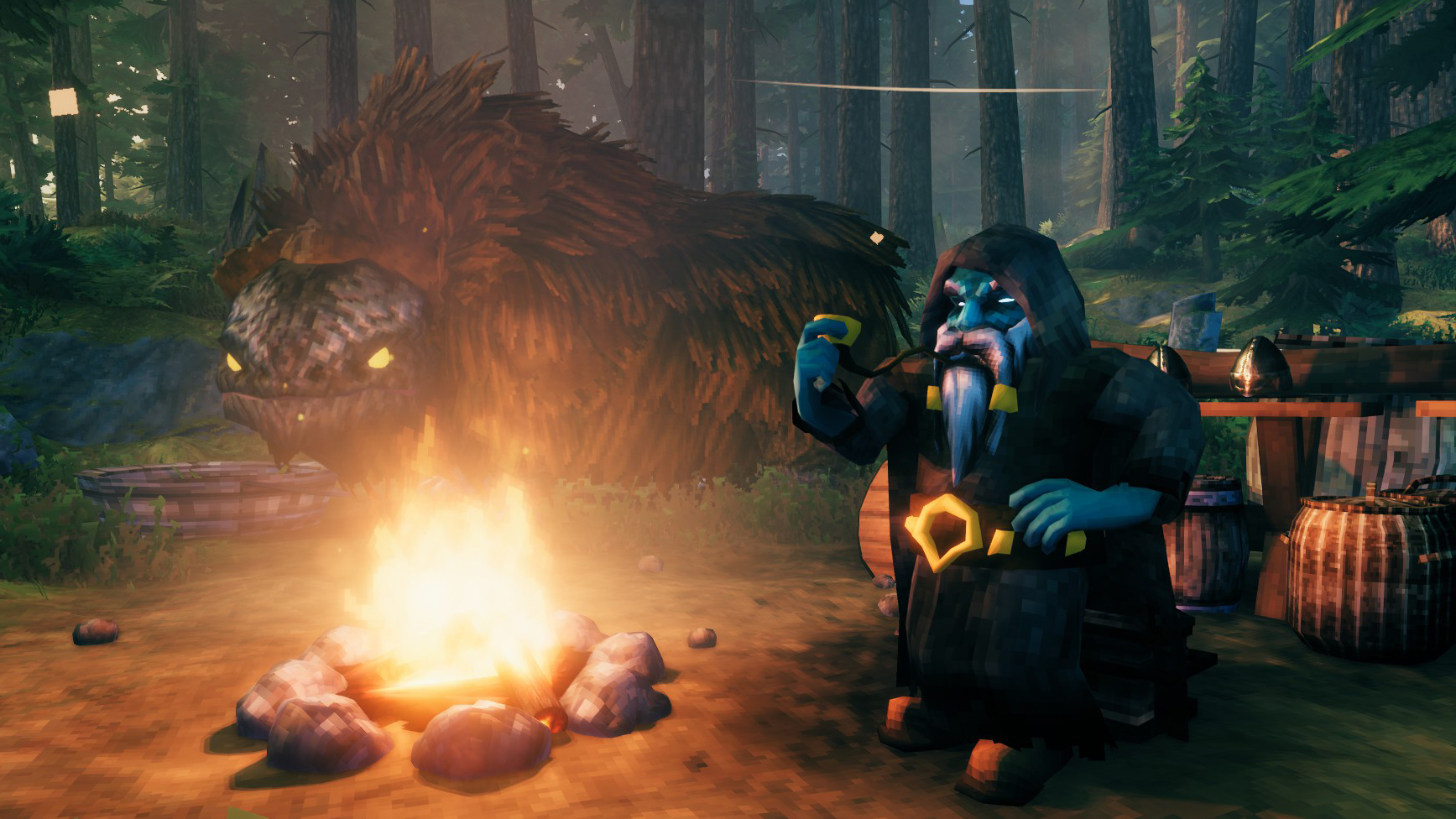 Haldor the Vendor in Valheim at his camp with a lox and campfire