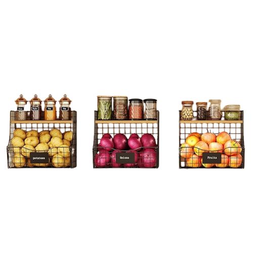 Jautokerdar, 3 Pack Wire Fruit Basket for Kitchen With Wood Lid