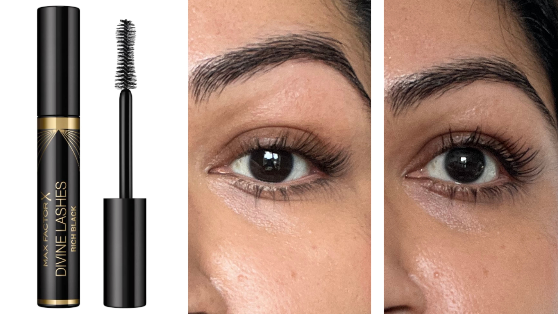 On the left is a product shot of the Max Factor Divine Lashes Mascara on a white background, followed by a close-up, before and after picture of Digital Beauty Ecom Editor, Aleesha Badkar&#039;s eyelashes with and without the Max Factor mascara applied