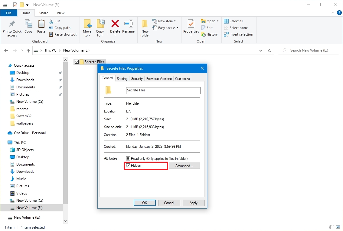 File Explorer folder hidden attribute