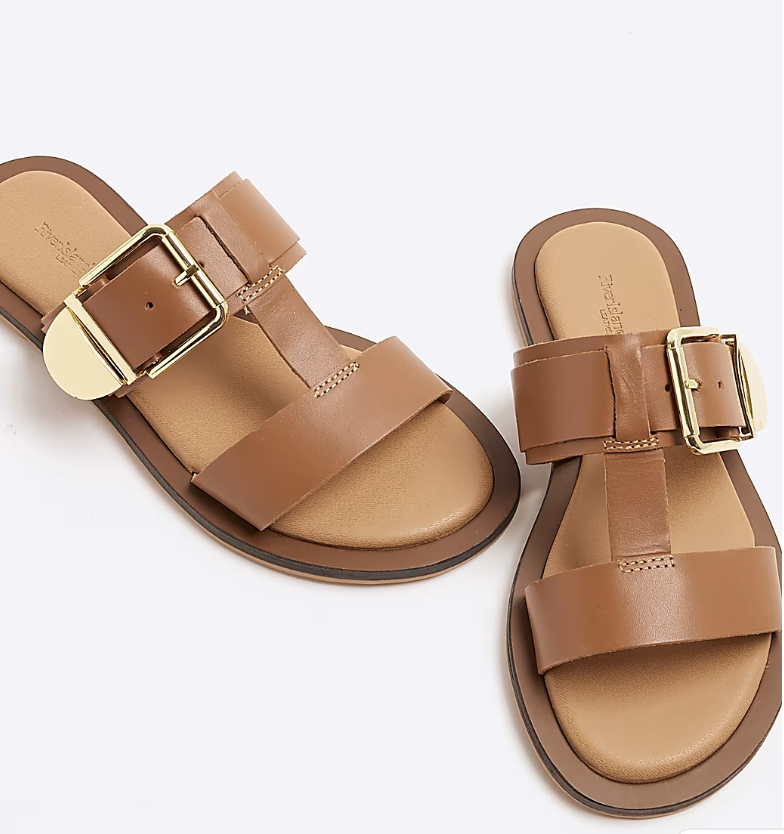 Brown Leather T-Bar Flat Sandals