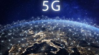 European continent seen from space with a symbolic net of 5G network connections