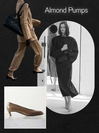 The Row model wearing a coat with pumps