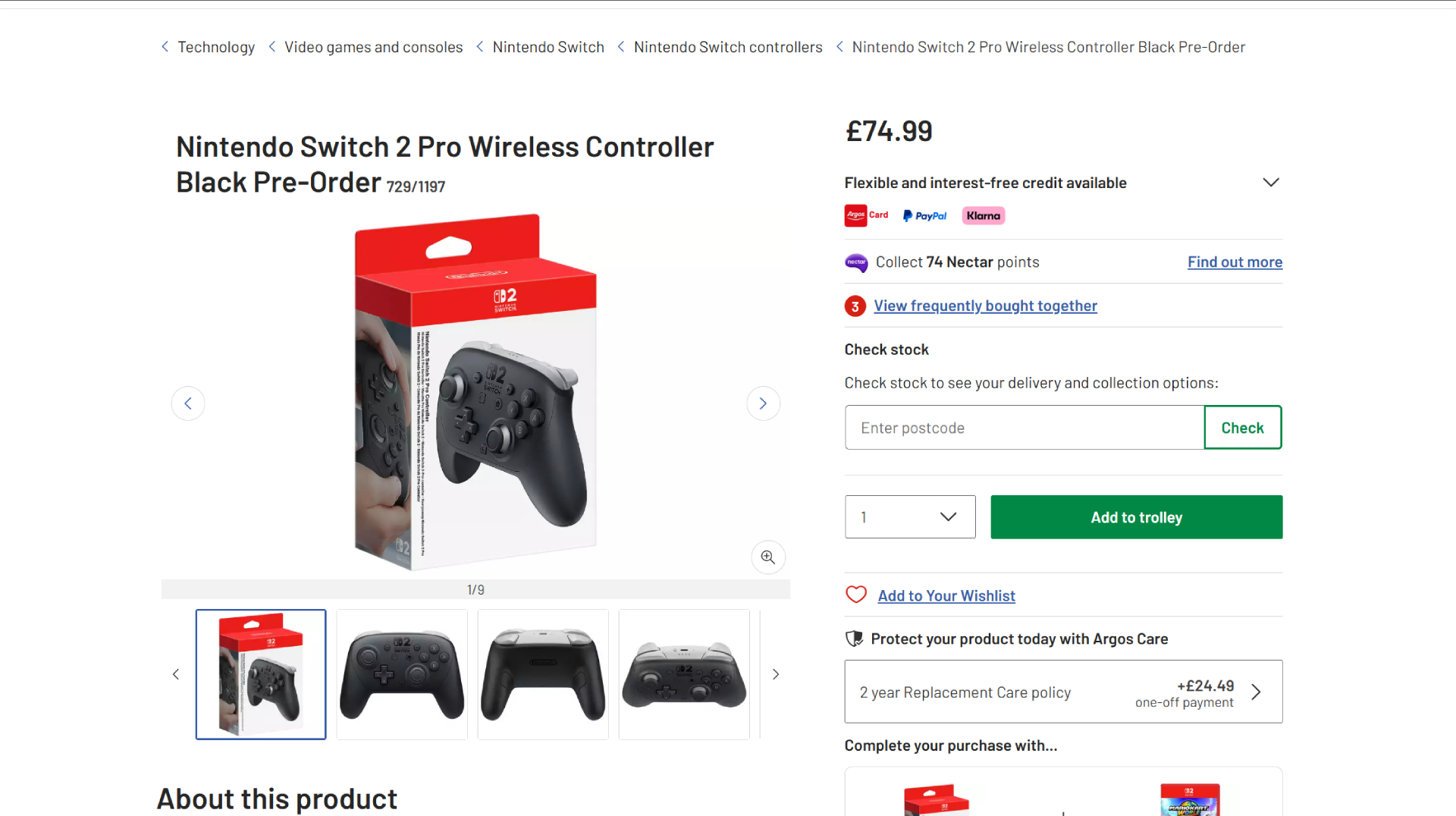 Argos listing for the Nintendo Switch 2 Pro Wireless Controller in Black