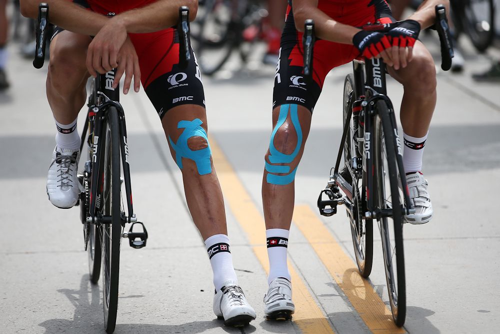 Taylor Phinney and Peter Stetina share similar tape after suffering similar leg and knee injuries