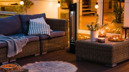 patio heater on a deck at night