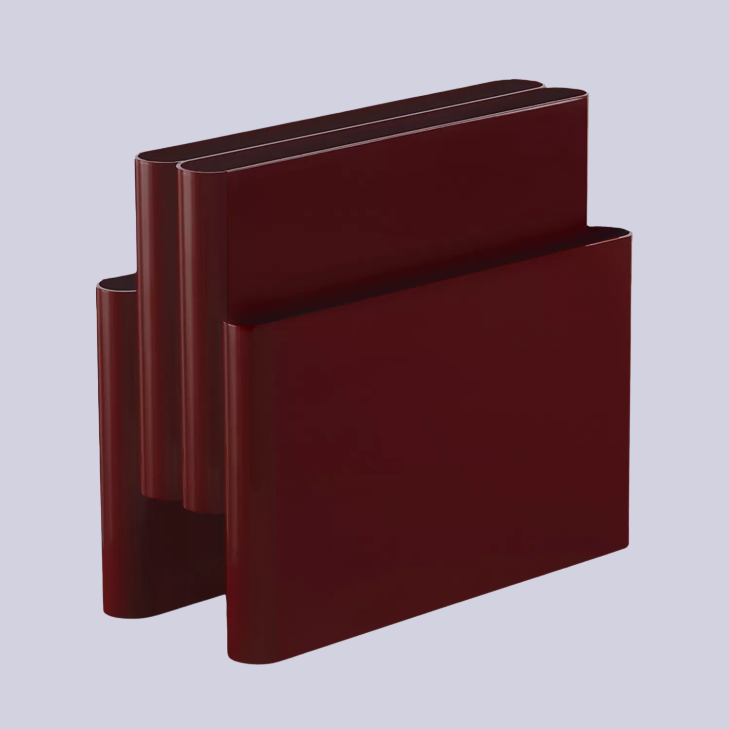 A burgundy magazine rack