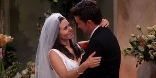 Monica and Chandler on their wedding day in _Friends._