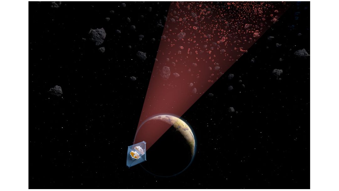 illustration showing a space telescope discovering dozens of small asteroids, with mars in the background