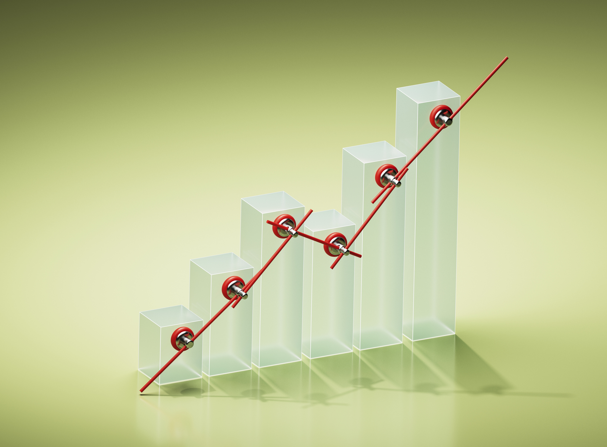 bar graph with rising and declining points marked in red