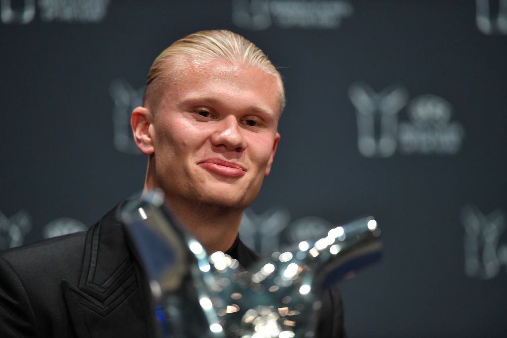 Erling Haaland of Manchester City attends the UEFA Awards 2022/23 Press Conference after receiving the UEFA Men&#039;s Player of the Year award at Grimaldi Forum on August 31, 2023 in Monaco, Monaco