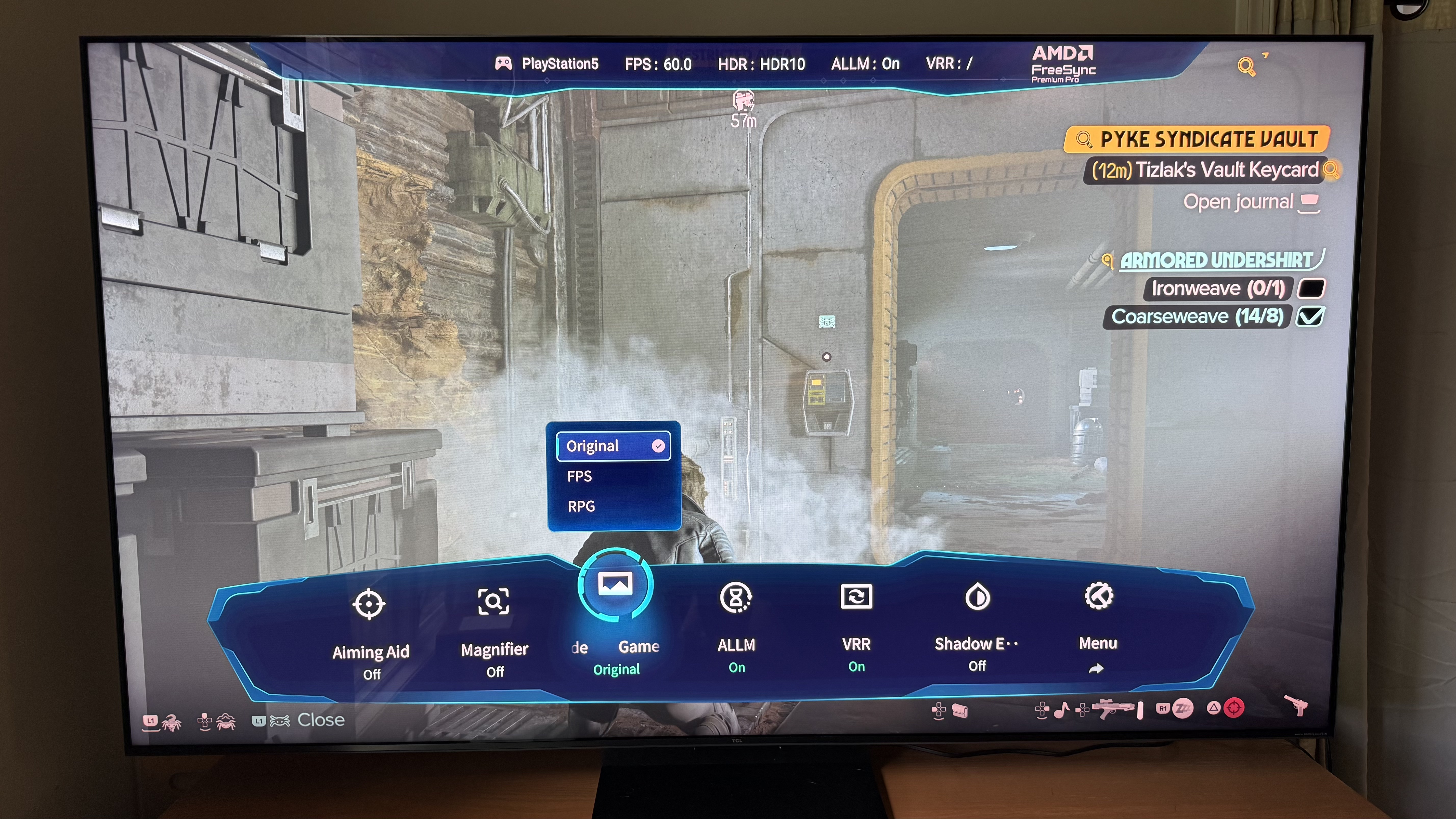 TCL QM7L's game bar is active during a playthrough of Star Wars: Outlaws
