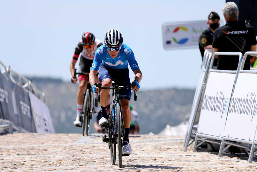 ALCALA LA REAL SPAIN MAY 19 Miguel ngel Lpez Moreno of Colombia and Movistar Team 2nd place at arrival during the 67th Vuelta A Andalucia Ruta Del Sol 2021 Stage 2 a 183km stage from Iznajar to Alcal la Real 1028m VCANDALUCIA on May 19 2021 in Alcala la Real Spain Photo by Gonzalo Arroyo MorenoGetty Images