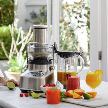 sage bluicer with fruit and juice