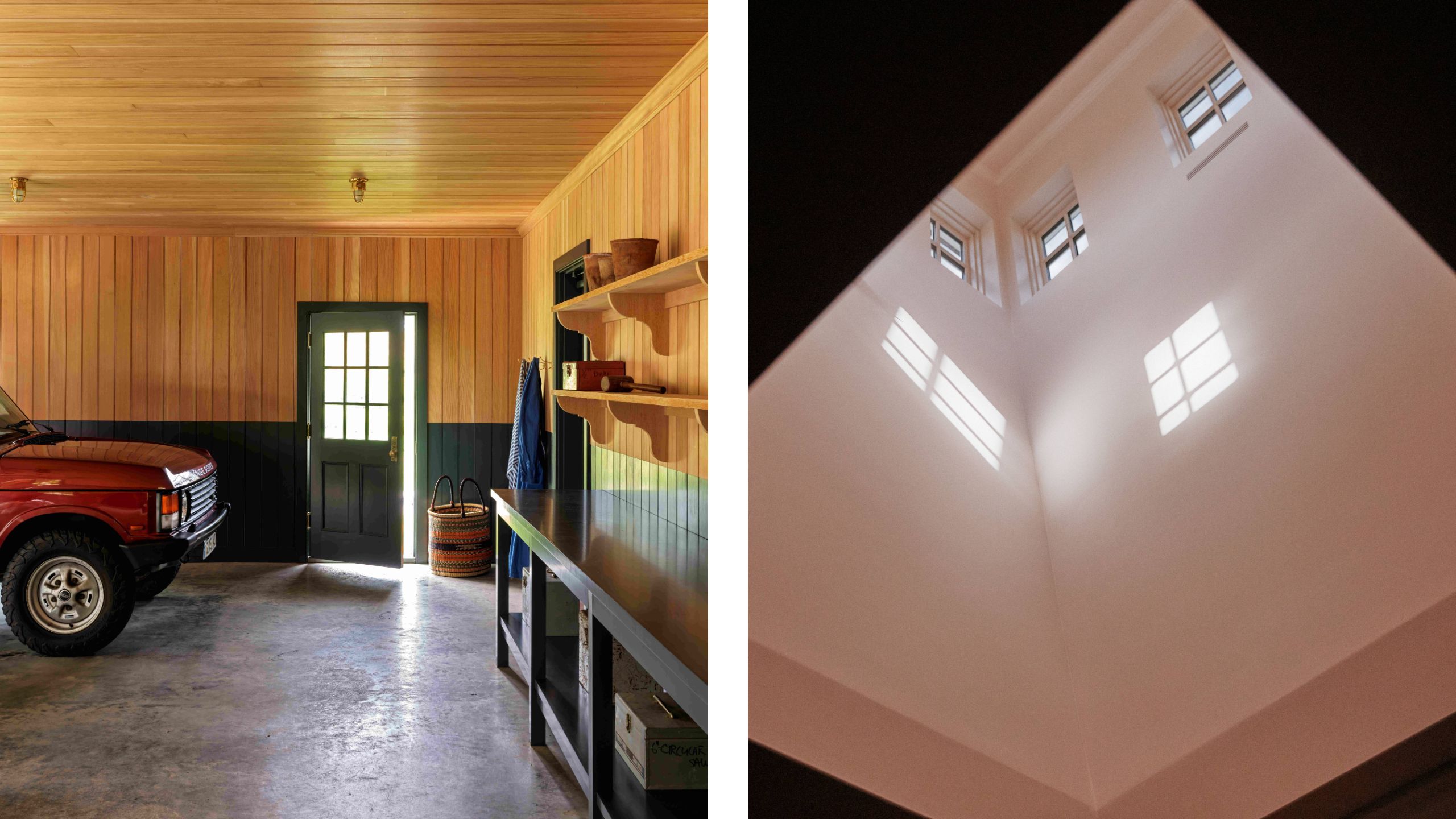 two side by side images of a pine clad garage with green half height painted paneling and a pink painted cupola