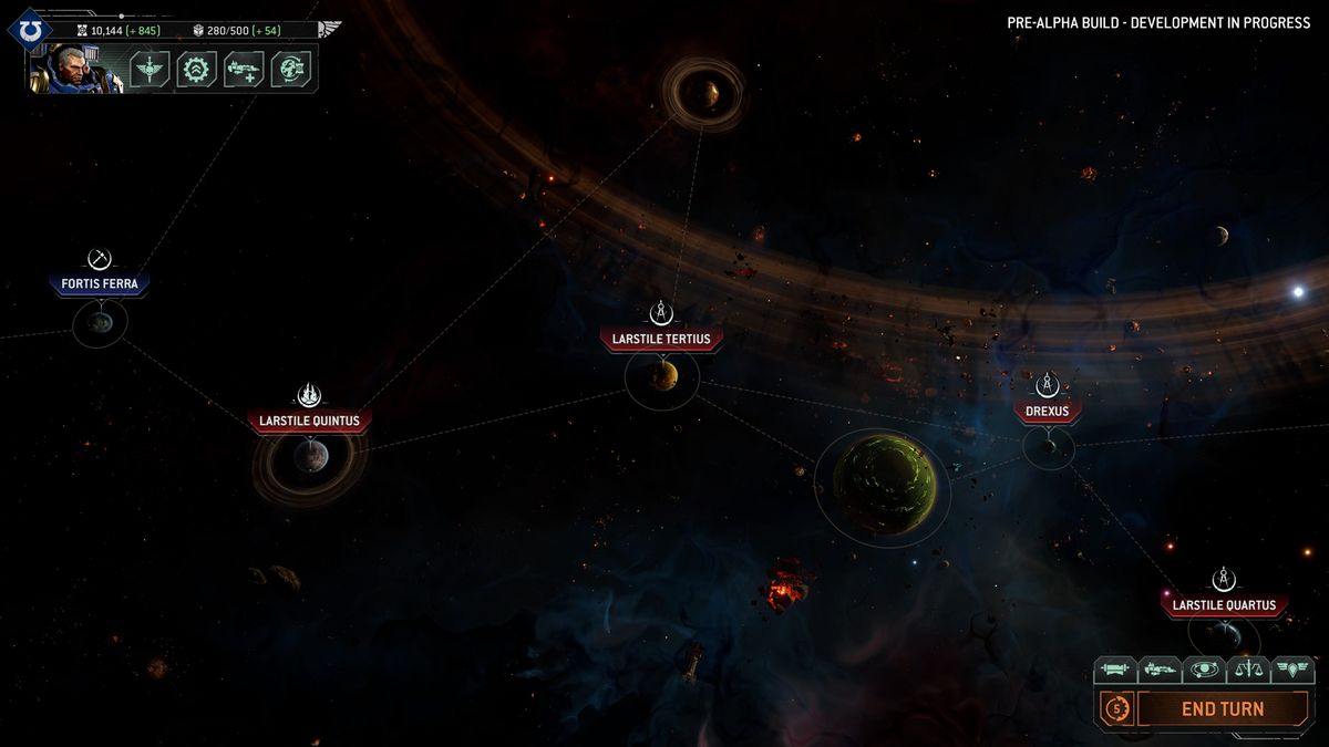 Total War: Warhammer 40,000 gameplay showing the 40K campaign map, which is a string of planets in space