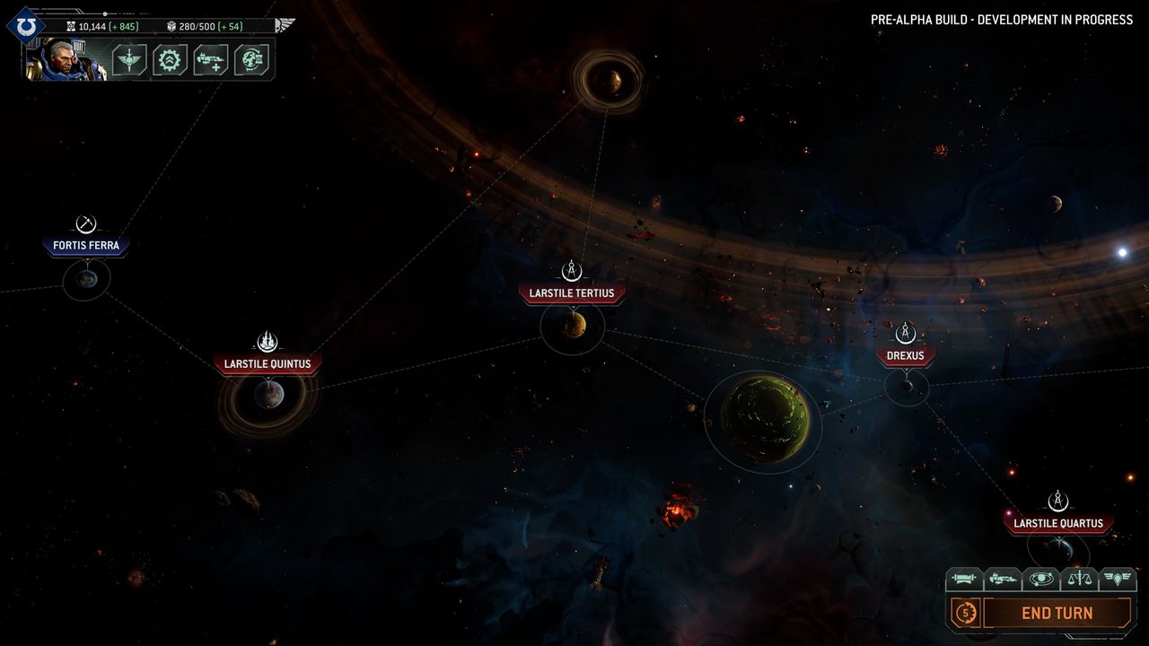 Total War: Warhammer 40,000 gameplay showing the 40K campaign map, which is a string of planets in space