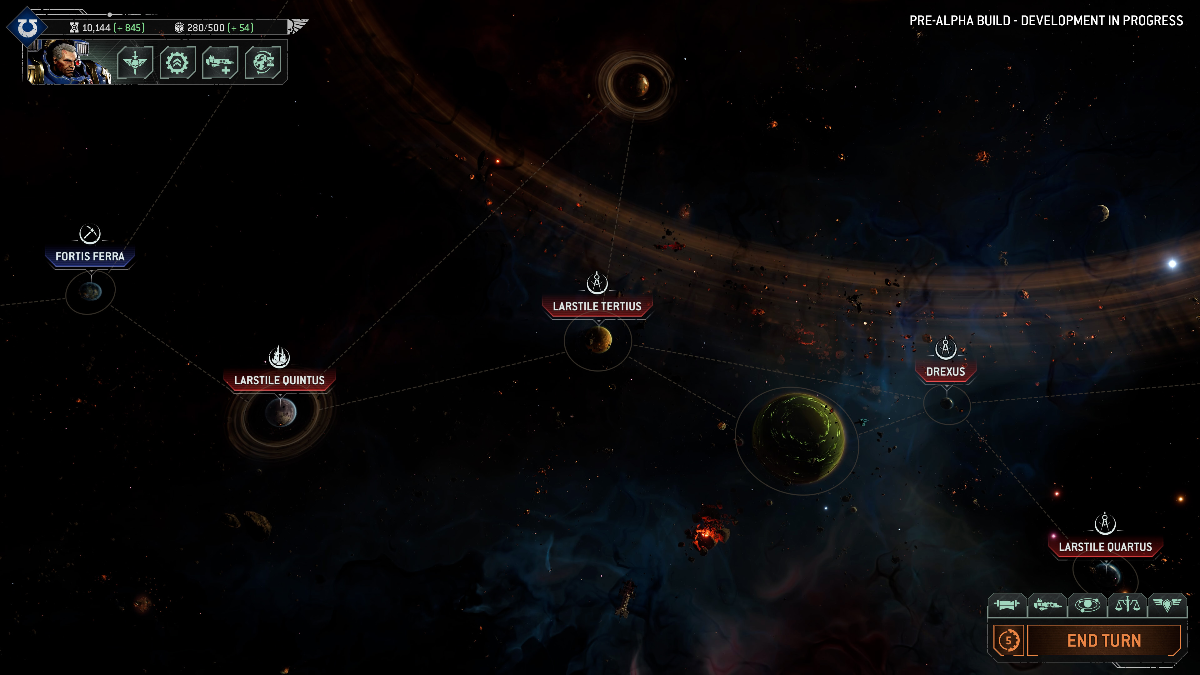 Total War: Warhammer 40,000 gameplay showing the 40K campaign map, which is a string of planets in space