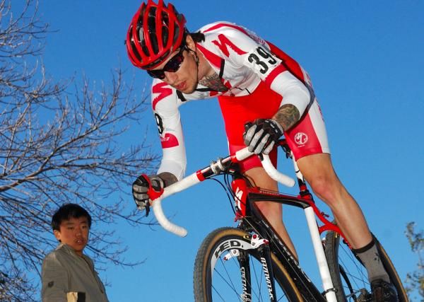 Mark Lalonde follows the three leaders down the hill.