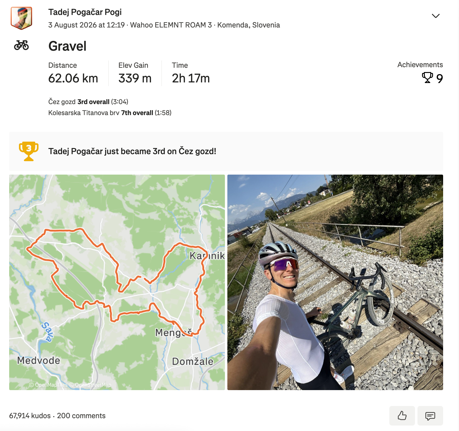 A screenshot of Tadej Pogacar's Strava upload from a recent gravel ride