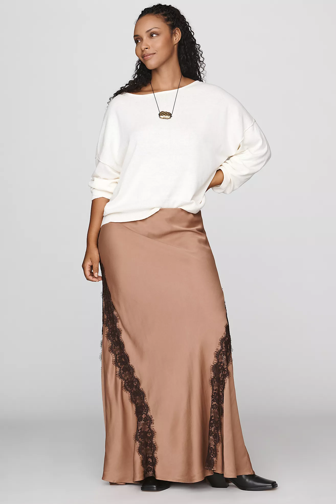 By Anthropologie Tilda Lace-Trim Maxi Slip Skirt