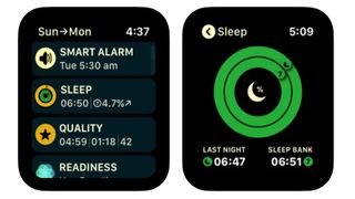 Autosleep interface on two Apple Watch screens