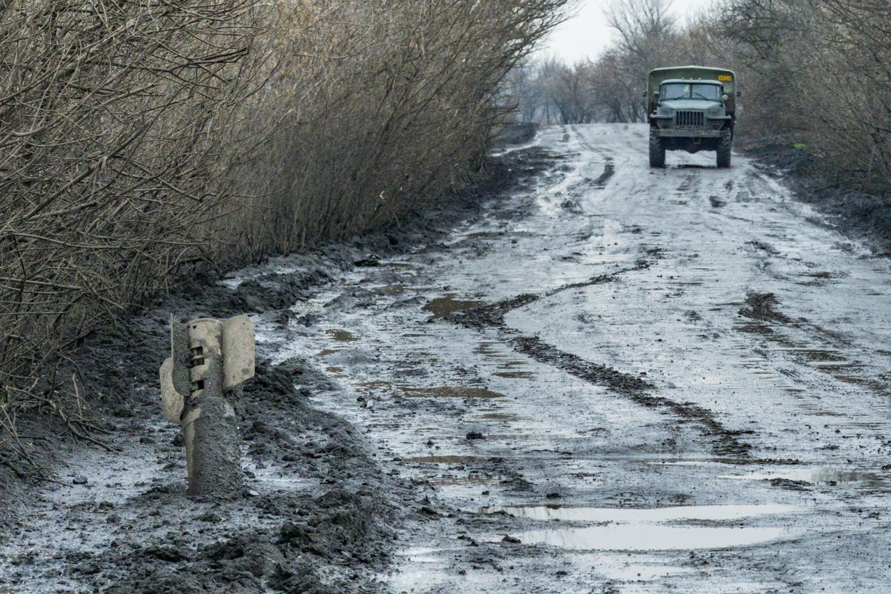 A muddy road seen in the Donbas region of Ukraine. 