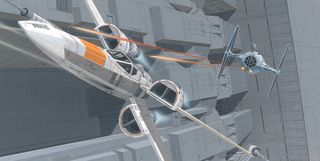 Concept art exploring a Death Star dogfight in Star Wars by Industrial Light & Magic