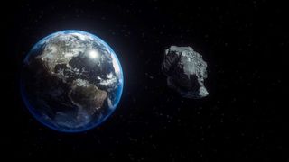 3D illustration of an asteroid flying past Earth