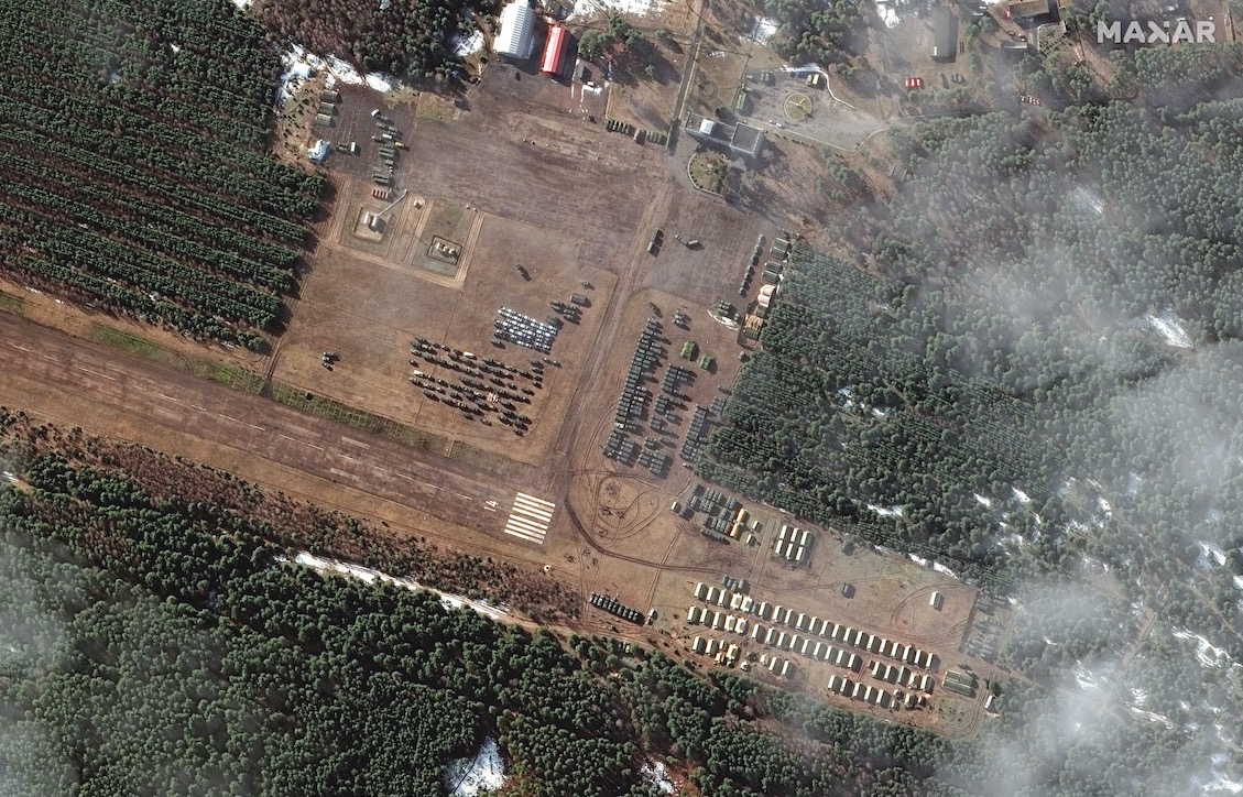 This image, snapped on Feb. 22, 2022, by Maxar’s Worldview-3 satellite, shows new deployments at VD Bolshoy Bokov Airfield near Mazyr, Belarus.