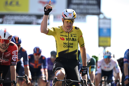 VILLARS-LES-DOMBES, FRANCE - JUNE 11: Wout van Aert of Belgium and Team Visma | Lease a Bike celebrates at finish line as stage winner during the 78th Tour Auvergne-Rhone-Alpes 2026, Stage 5 a 195.8km stage from Saint-Chamond to Parc des Oiseaux Villars-les-Dombes / #UCIWT / on June 11, 2026 in Parc des Oiseaux Villars-les-Dombes, France. (Photo by Dario Belingheri/Getty Images)