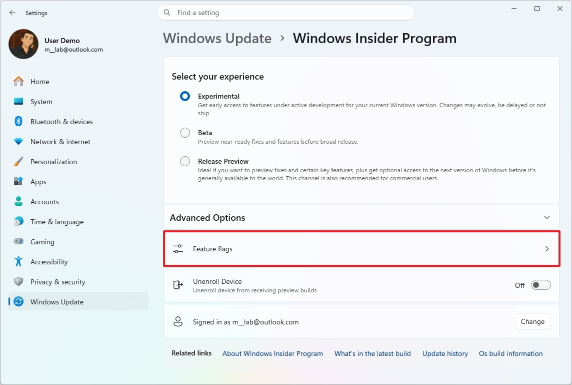 Windows Insider Program settings screen showing options for Experimental, Beta, and Release Preview builds. "Feature flags" outlined in red under Advanced Options.